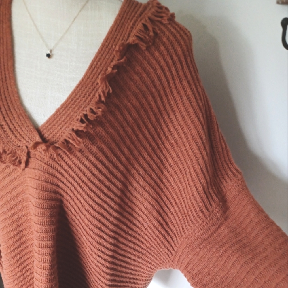 BiBi Rust Orange V-Neck Fringe Knit Sweater - Picture 6 of 9